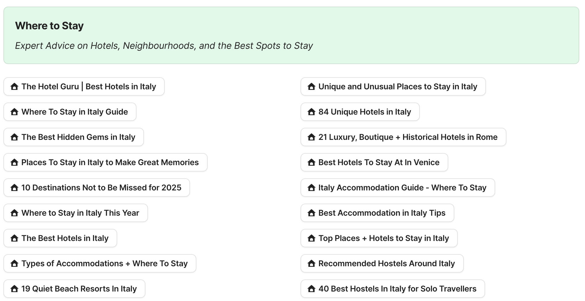 Preview of Where to Stay in Italy section in Italy Travel Research by Feral Travel