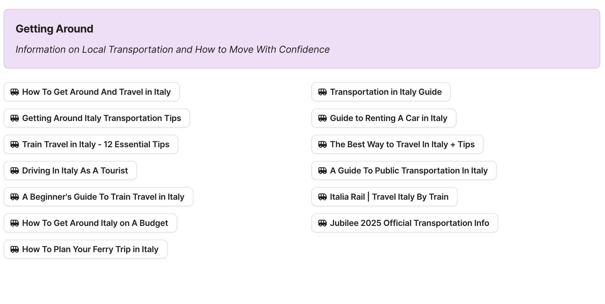 Preview of Getting Around in Italy section in Italy Travel Research by Feral Travel