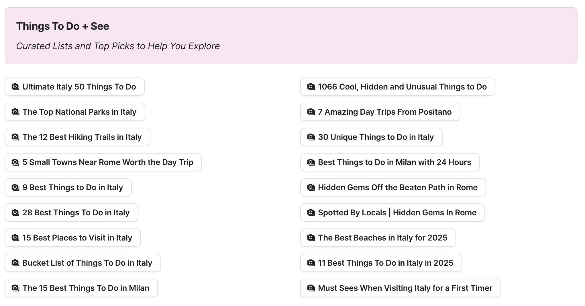 Preview of Things To Do In Italy section in Italy Travel Research by Feral Travel