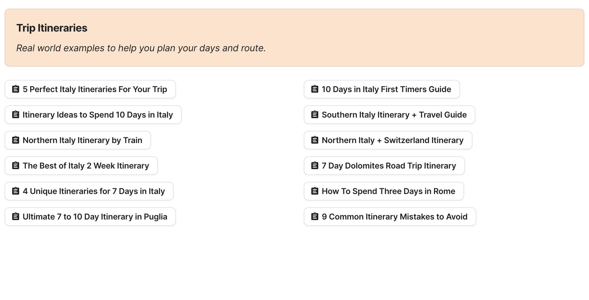 Preview of Italy Trip Itineraries section in Italy Travel Research by Feral Travel