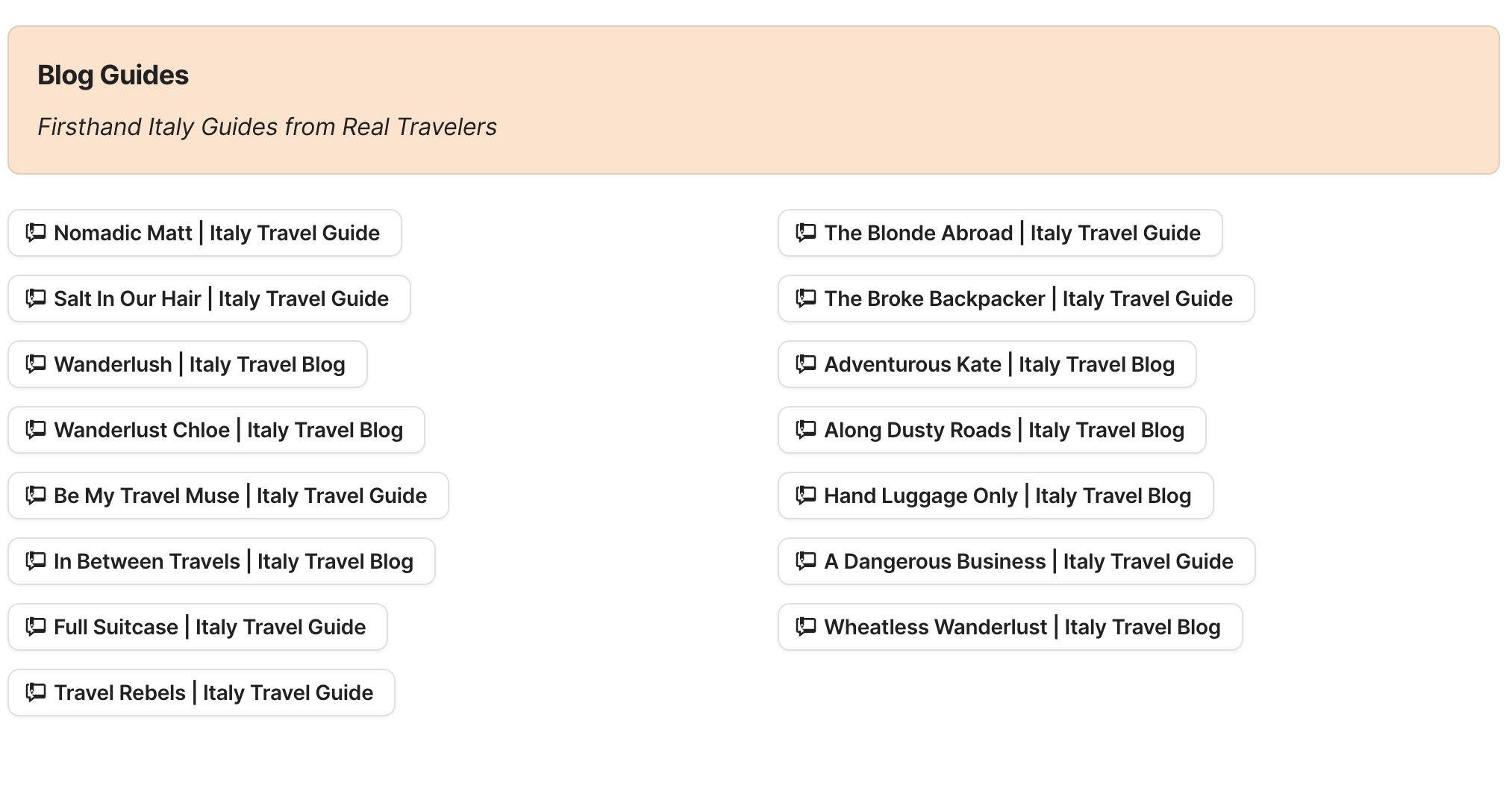Preview of blog guides section in Italy Travel Research by Feral Travel