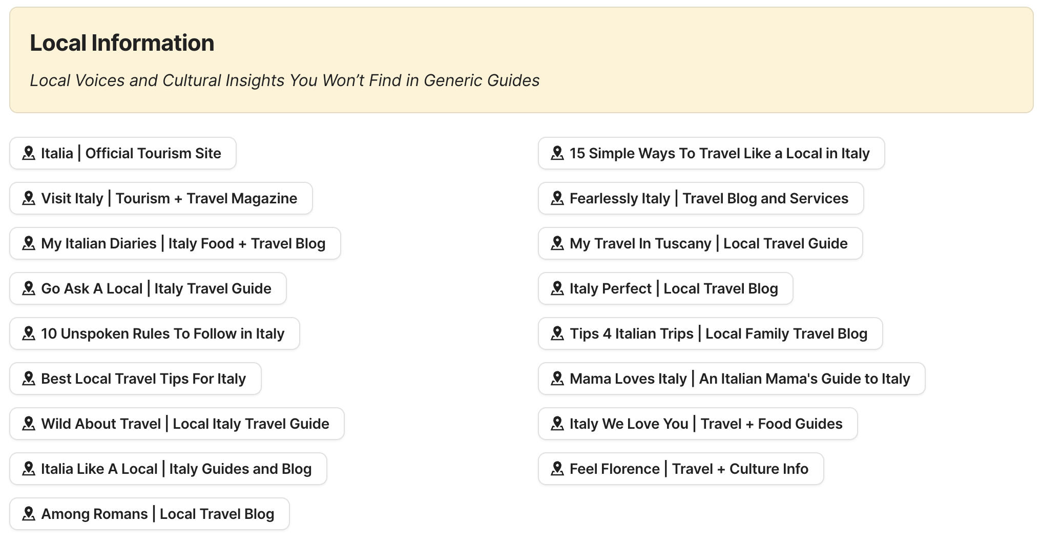 Local Information Preview of local information section in Italy Travel Research by Feral Travel