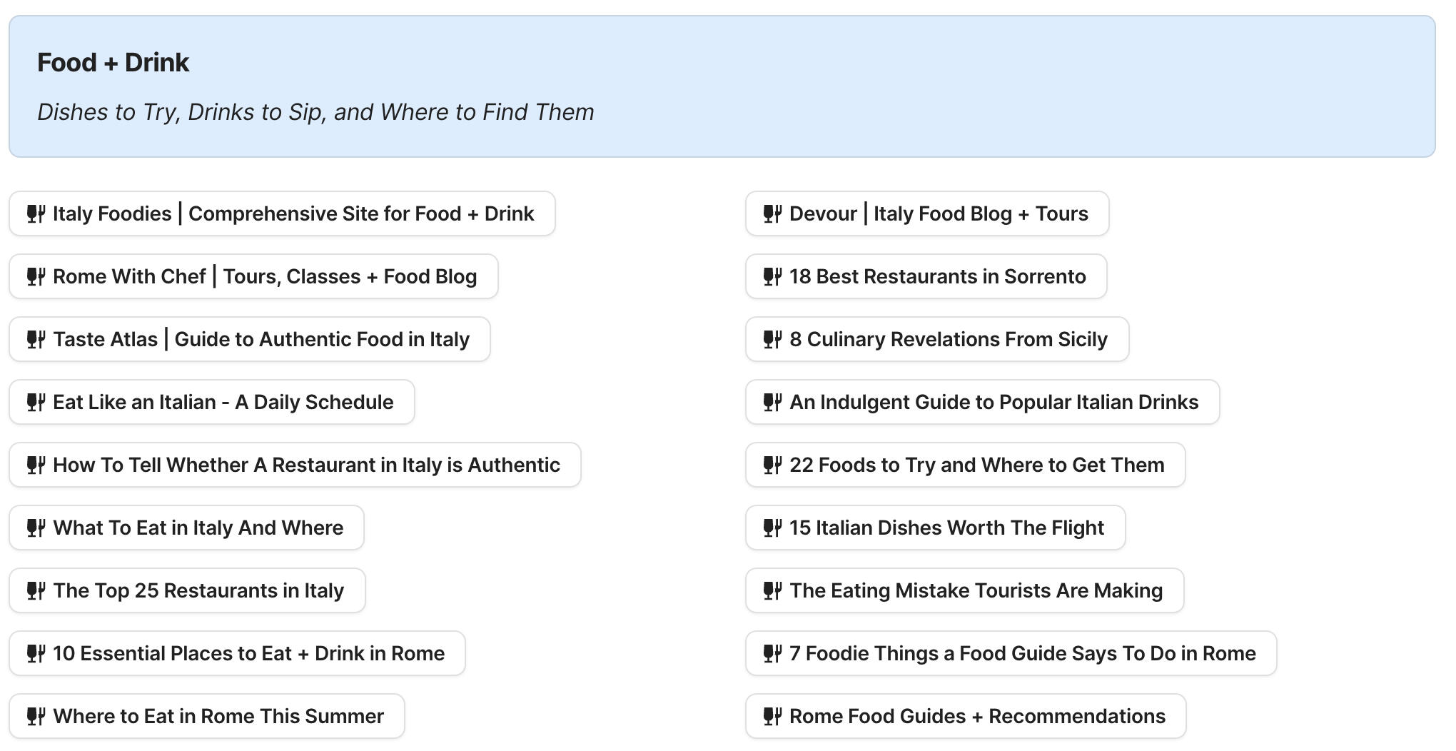 Preview of Food and Drink In Italy section in Italy Travel Research by Feral Travel